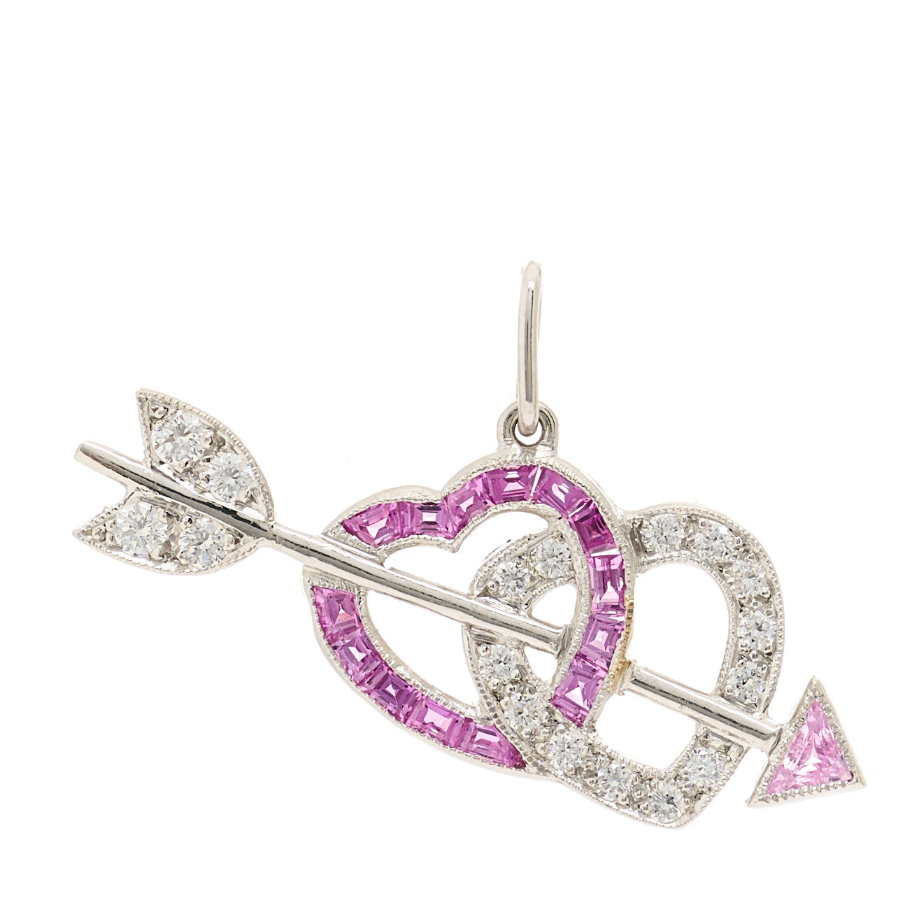 Platinum Diamond Pink Sapphire Mini Hearts and Arrow Charm