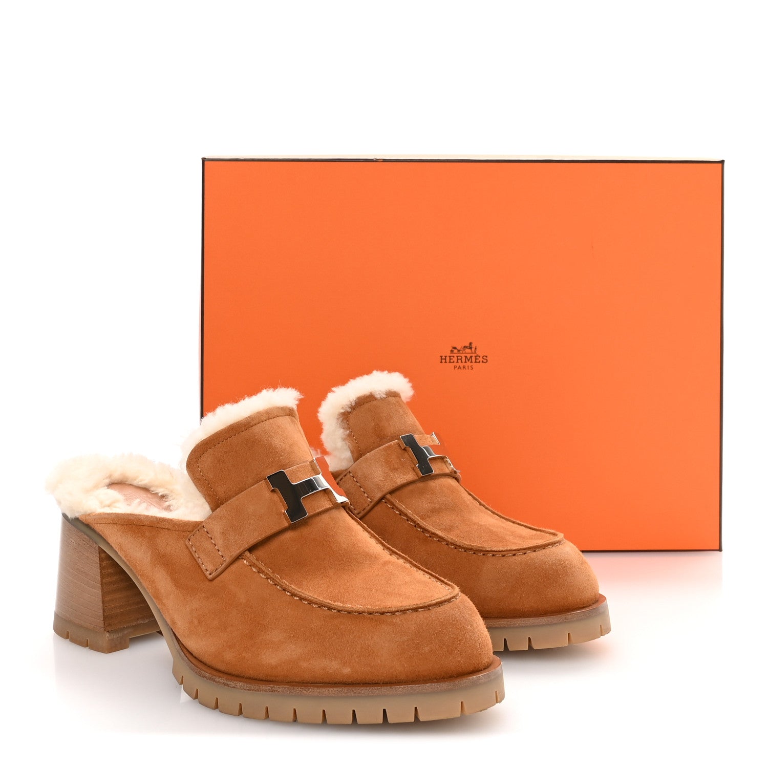 Hermes Suede Goatskin Woolskin Flore 60 Mules 38.5 Brun Amourette Ecru 9 of 10