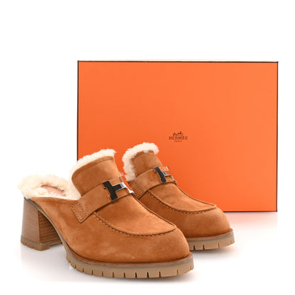 Hermes Suede Goatskin Woolskin Flore 60 Mules 38.5 Brun Amourette Ecru 9 of 10