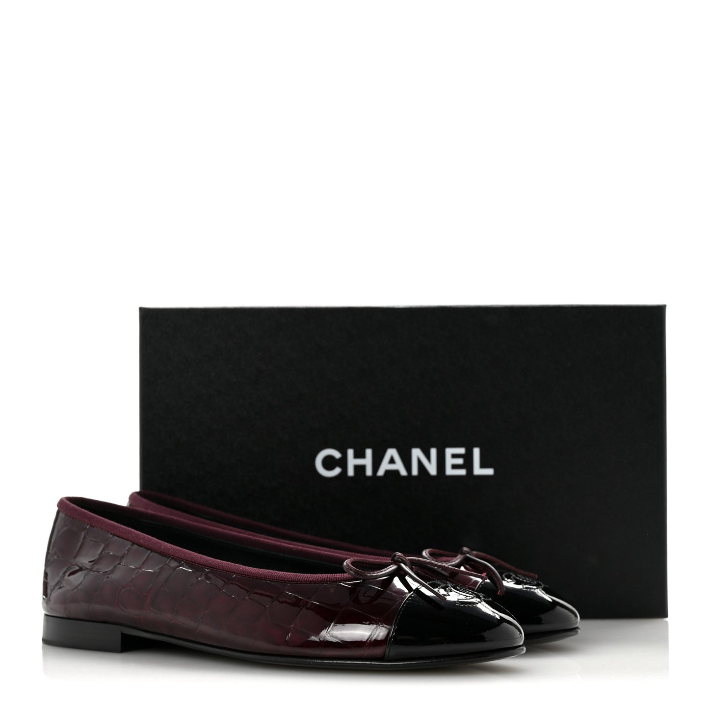 Patent Calfskin Crocodile Embossed Ballerina Flats 37 Dark Burgundy Black