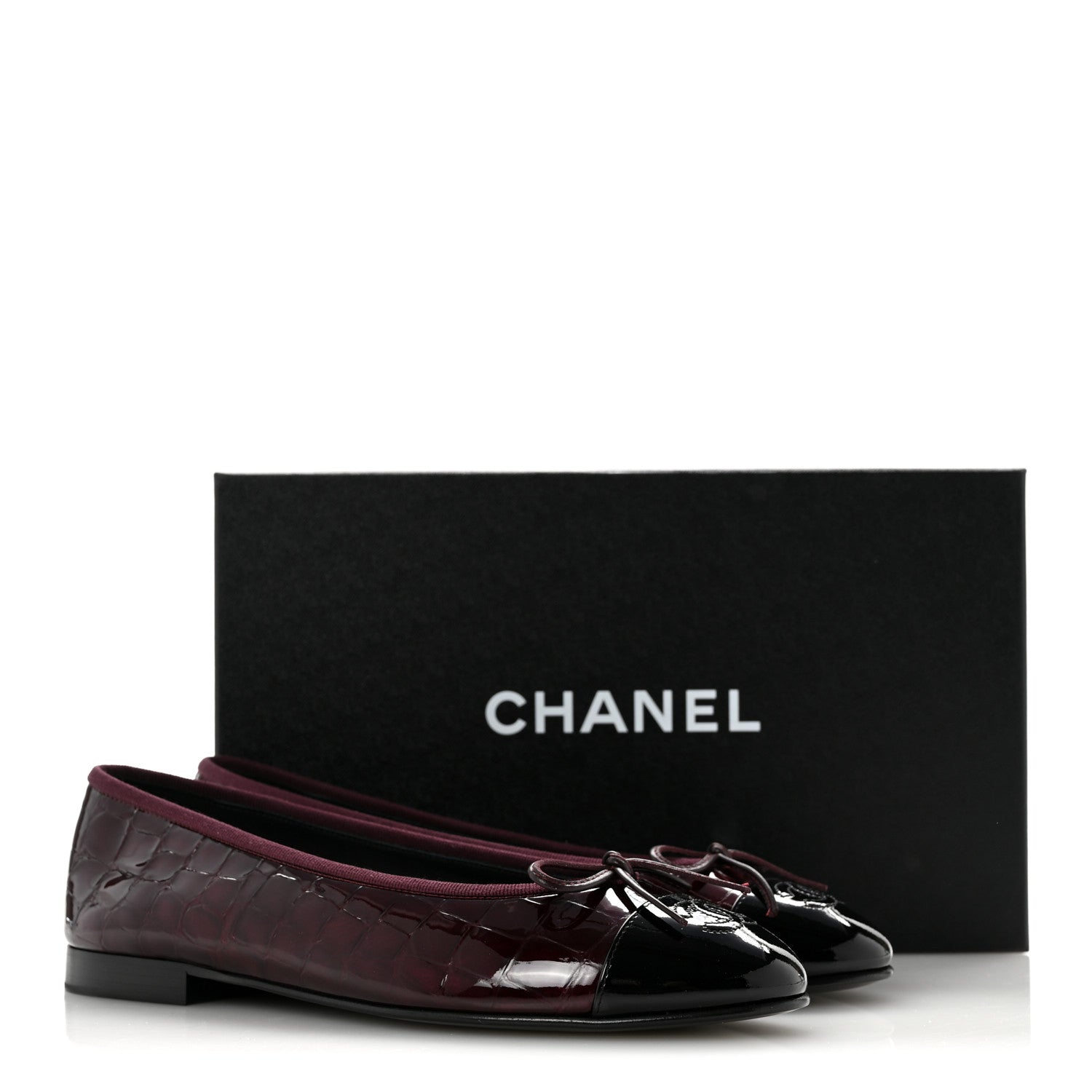 Chanel Patent Calfskin Crocodile Embossed Ballerina Flats 37 Dark Burgundy Black 11 of 11