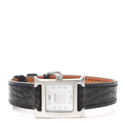 Hermes Stainless Steel Alligator Diamond Mother of Pearl 17.2mm Heure H Hour Quartz Watch Noir 2 of 5