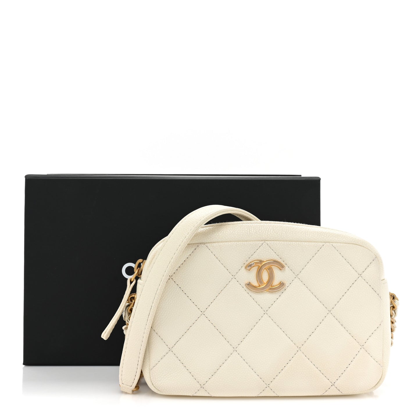 Shiny Caviar Quilted Chain Melody Camera Bag White