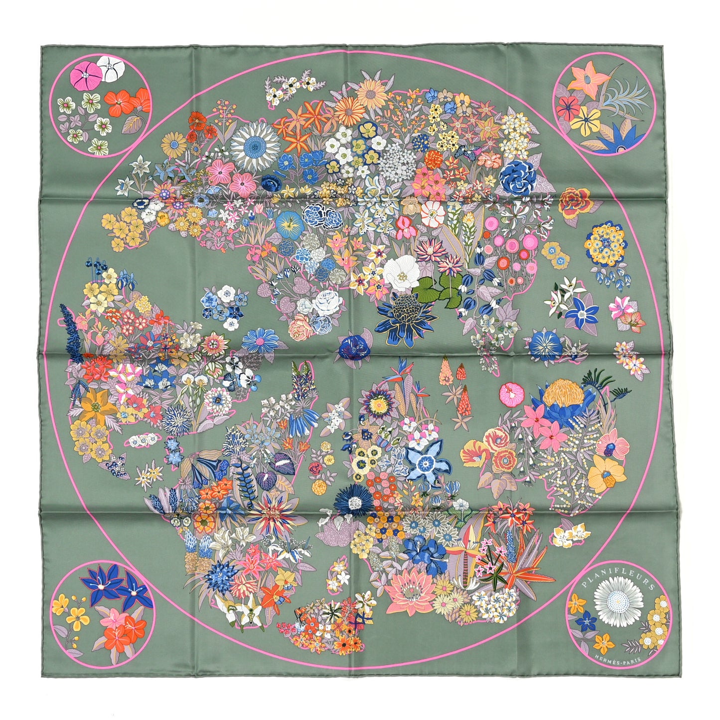 Silk Planifleurs Scarf 90 Vert Amande Rose Bleu
