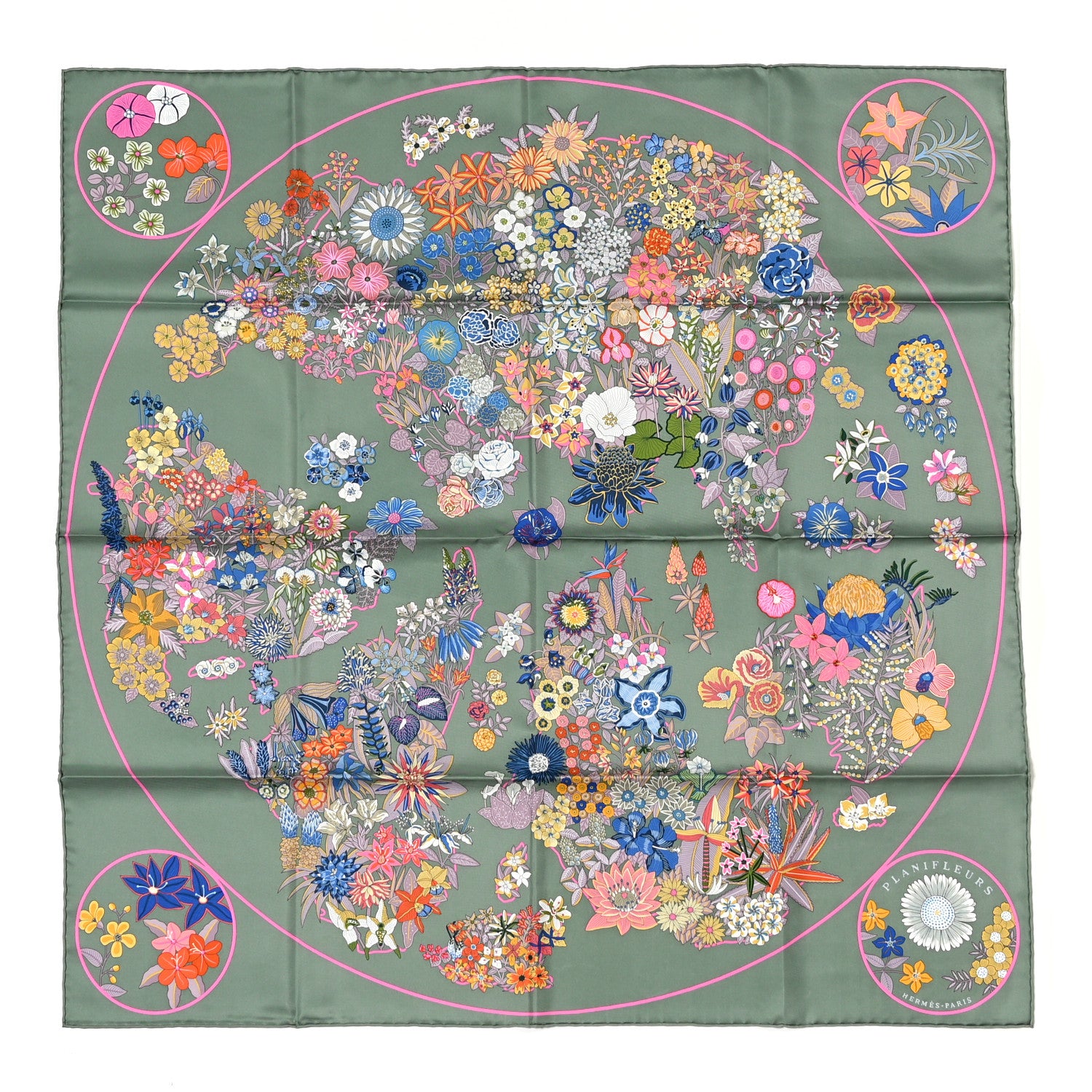Hermes Silk Planifleurs Scarf 90 Vert Amande Rose Bleu 1 of 5