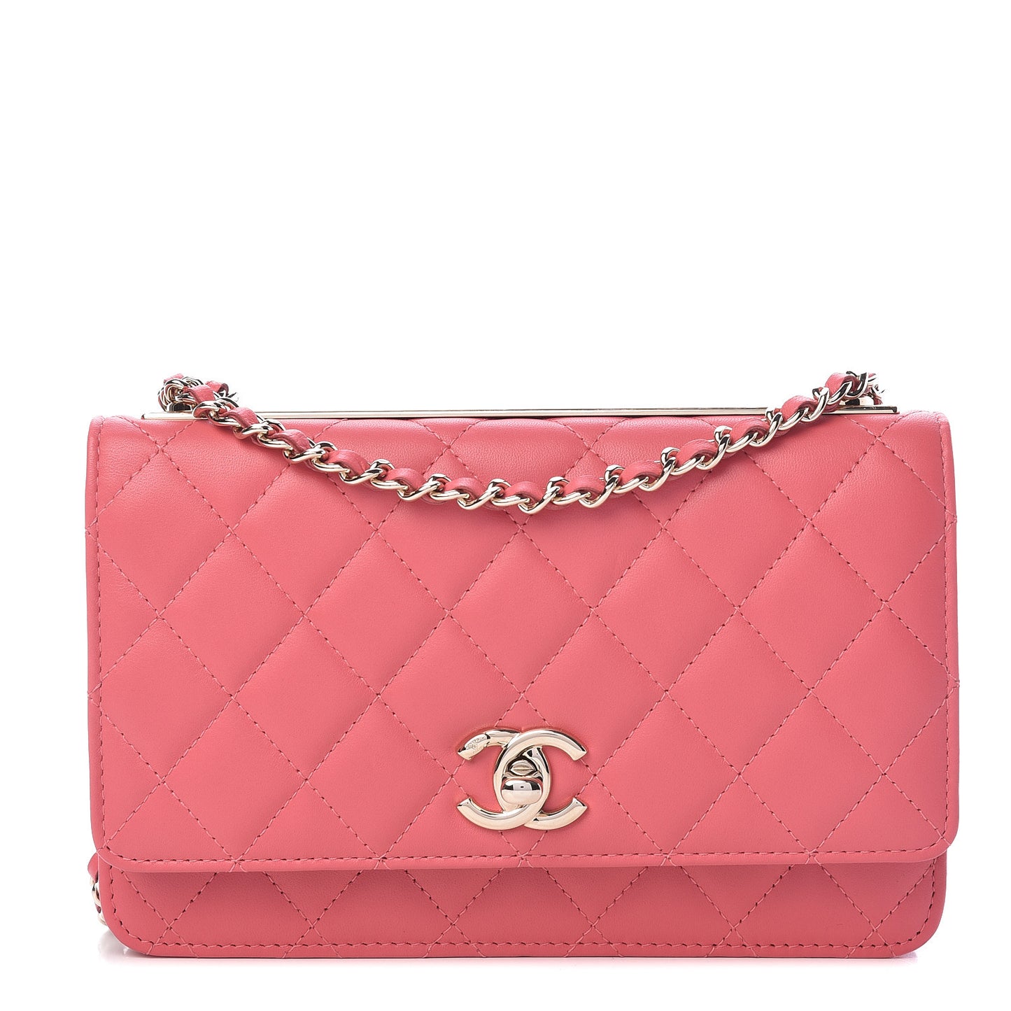 Lambskin Quilted Trendy CC Wallet On Chain WOC Bright Pink