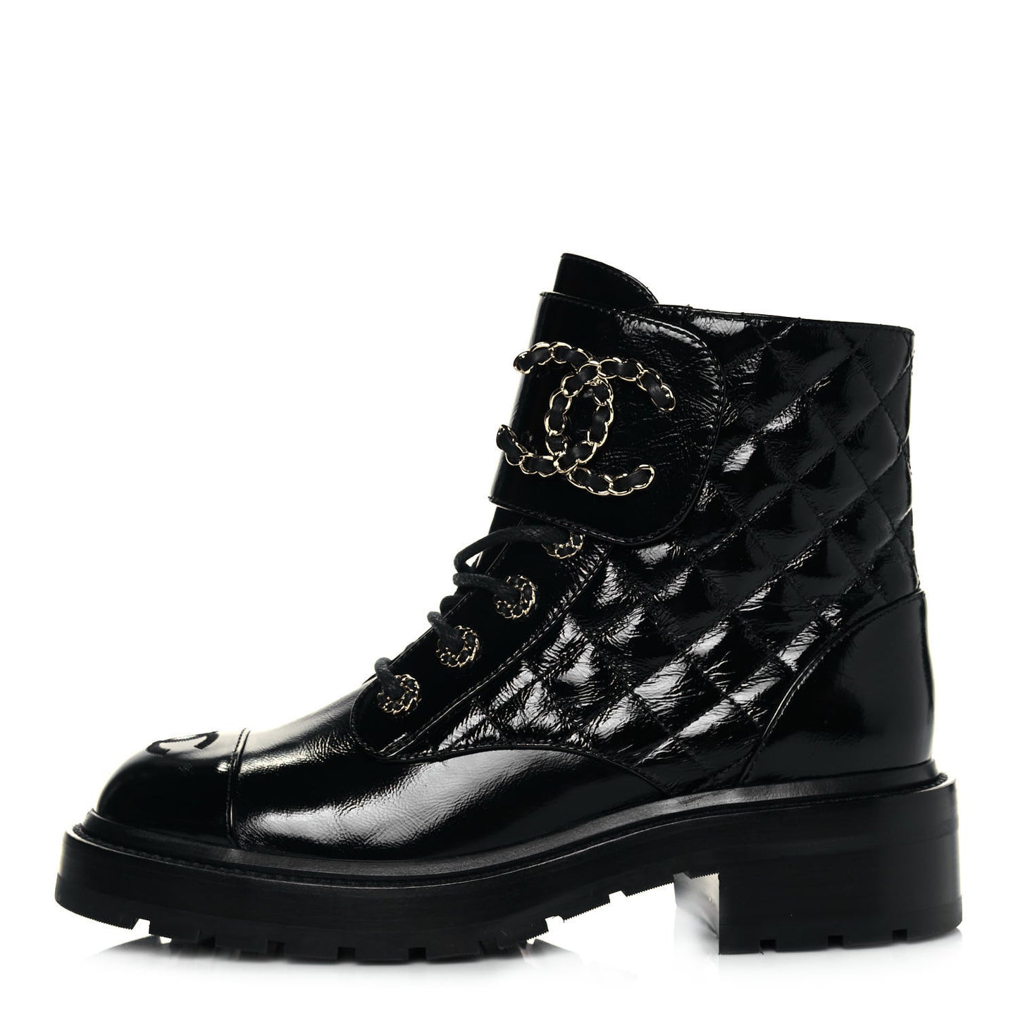 Shiny Calfskin Quilted Lace Up Combat Boots 37 Black