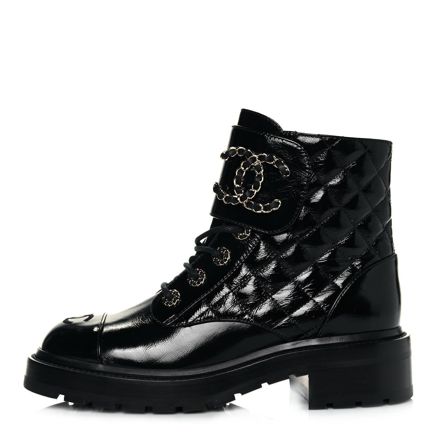Chanel Shiny Calfskin Quilted Lace Up Combat Boots 37 Black 1 of 7