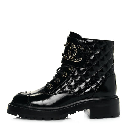 Chanel Shiny Calfskin Quilted Lace Up Combat Boots 37 Black 1 of 7