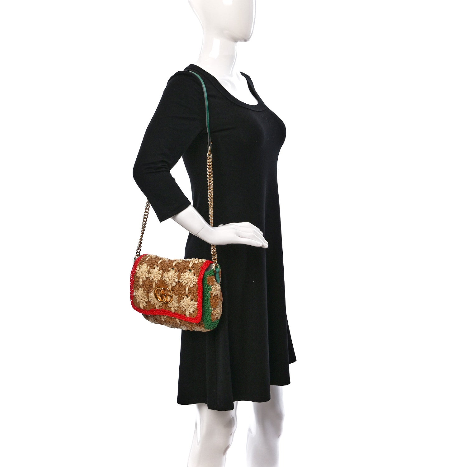 Gucci Raffia Azalea Calfskin Crochet Flower Small GG Marmont Shoulder Bag Natural Ecru Green Red New Shamarock 2 of 9