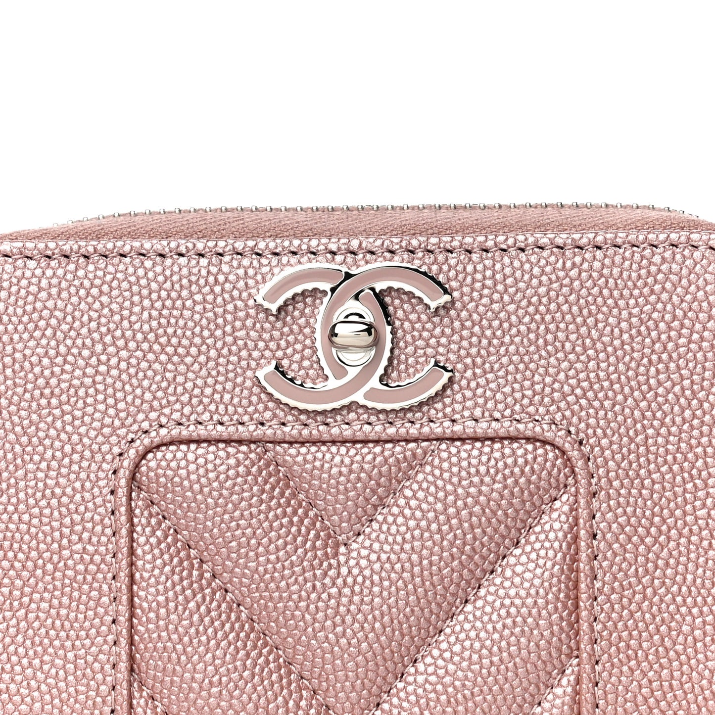 Metallic Caviar Chevron Quilted Vintage Mademoiselle Zip Coin Purse Pink