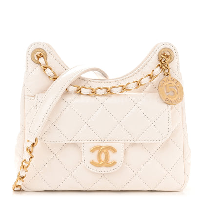 Chanel Shiny Crumpled Calfskin Quilted Small Wavy CC Hobo White 1 of 11