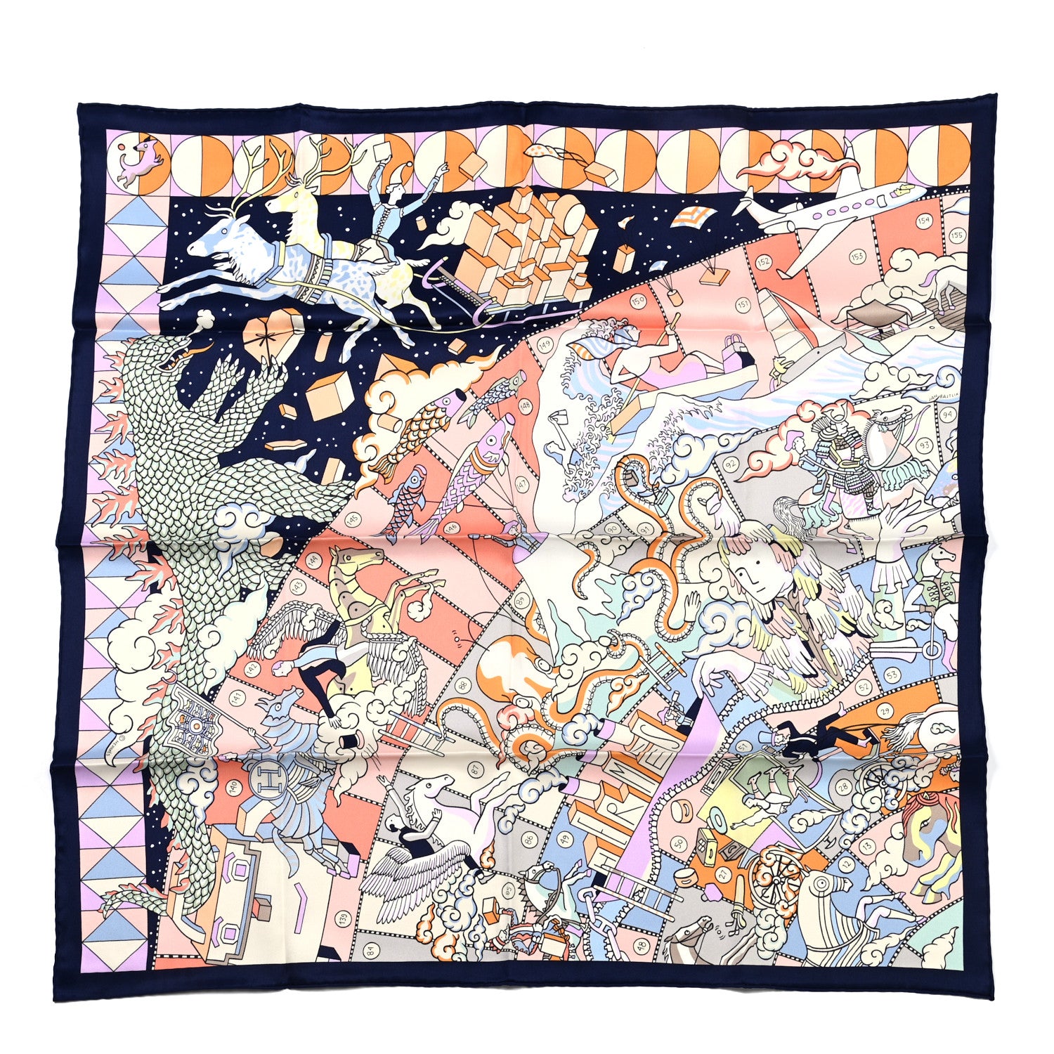 Hermes Silk L'Epopee D' Hermes Detail Scarf 70 Marine Fonce Saumon 1 of 5
