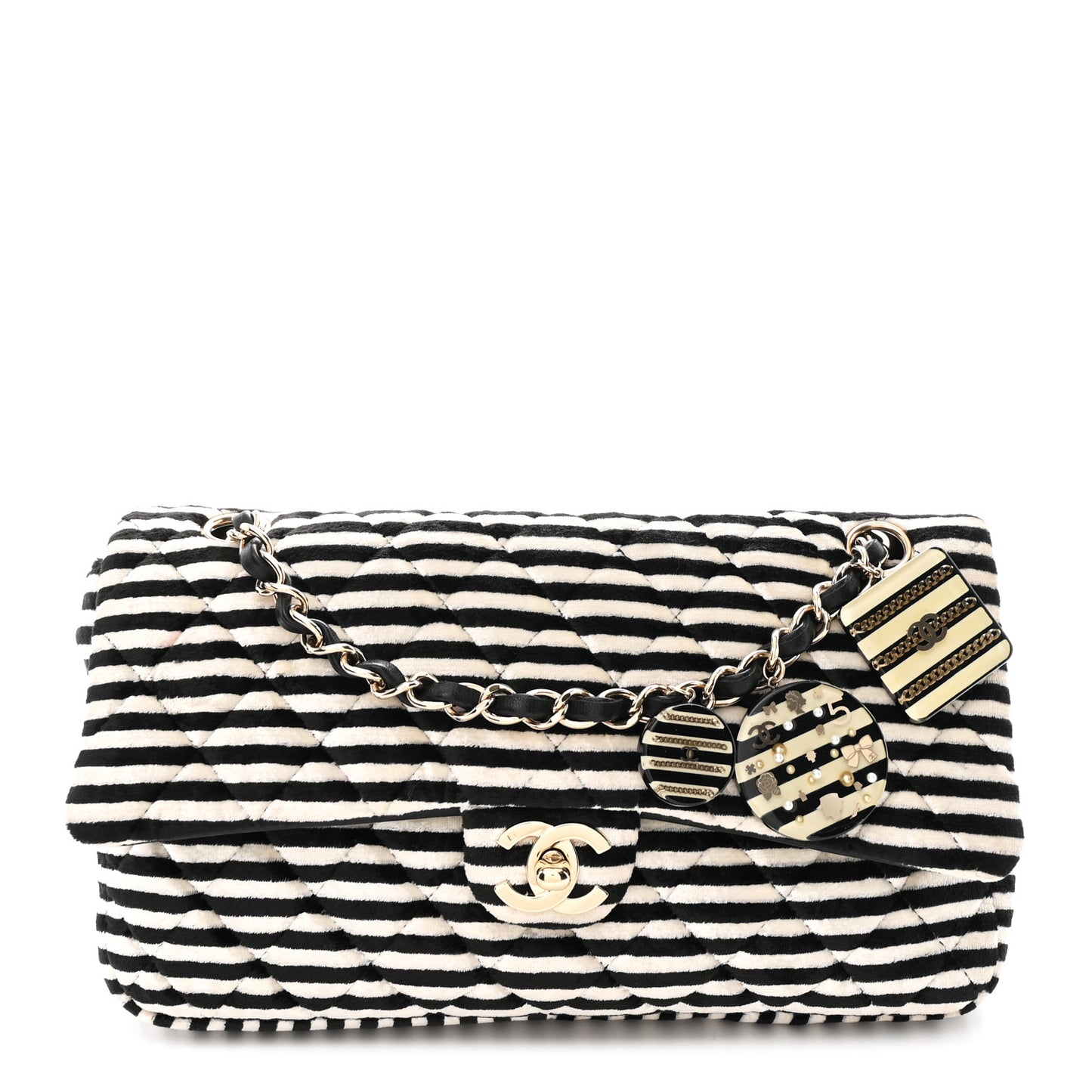 Velvet Quilted Striped Medium Single Flap Black White