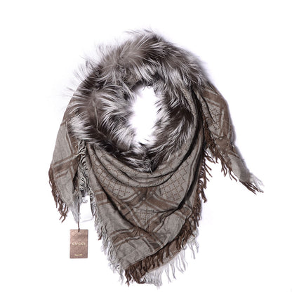Gucci Wool Silk Fox Fur Monogram Shawl Scarf Brown 1 of 6