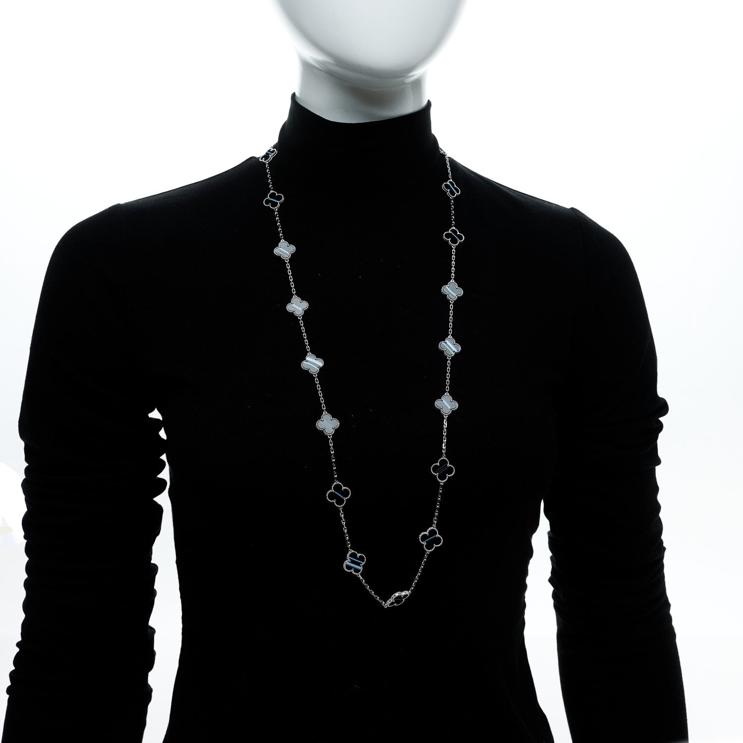 Van Cleef & Arpels 18K White Gold Veined Black Onyx 20 Motifs Vintage Alhambra Necklace 2 of 7