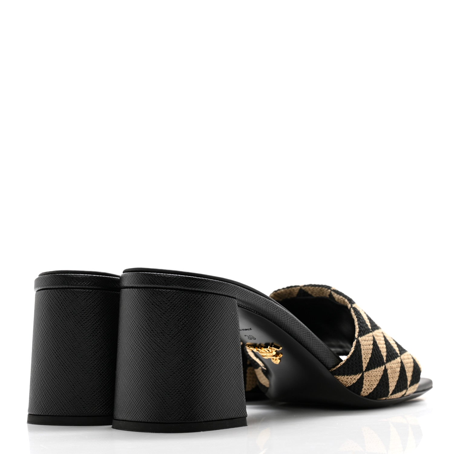 Prada Jacquard Trianglolo Symbole Embroidered Metal Triangle Logo 65mm Block Heel Slide Sandals 39 Black Beige 4 of 8