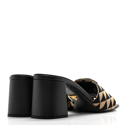 Prada Jacquard Trianglolo Symbole Embroidered Metal Triangle Logo 65mm Block Heel Slide Sandals 39 Black Beige 4 of 8