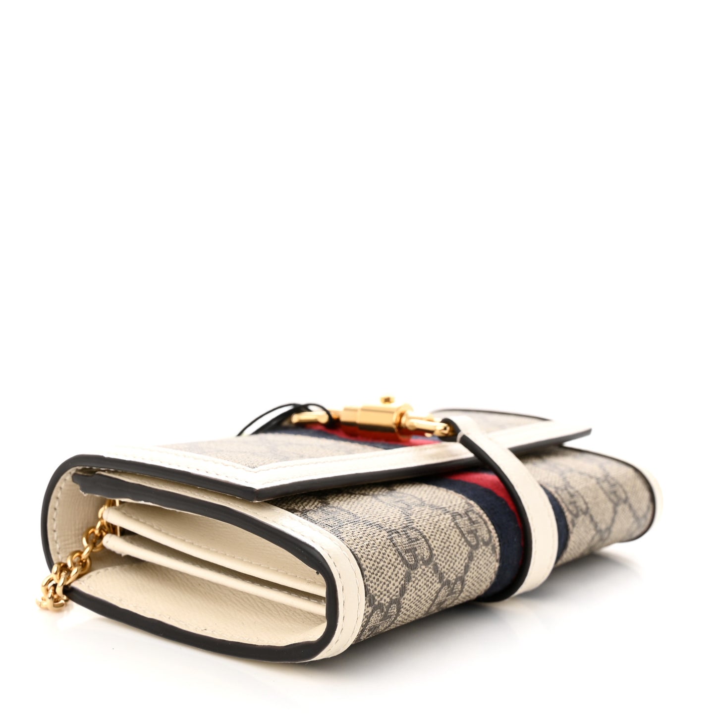 GG Supreme Monogram Textured Calfskin Web Jackie 1961 Chain Wallet Beige Ebony Mystic White