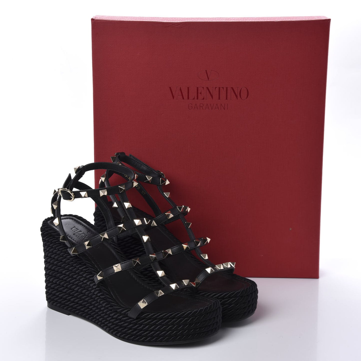Calfskin Rockstud Ankle Strap Torchon Espadrille Caged 25/95mm Wedge Sandals 37 Black