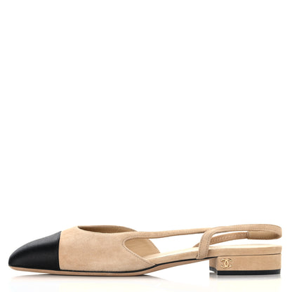 Chanel Suede Cap Toe CC Slingback Flats 37 Beige Black 1 of 9