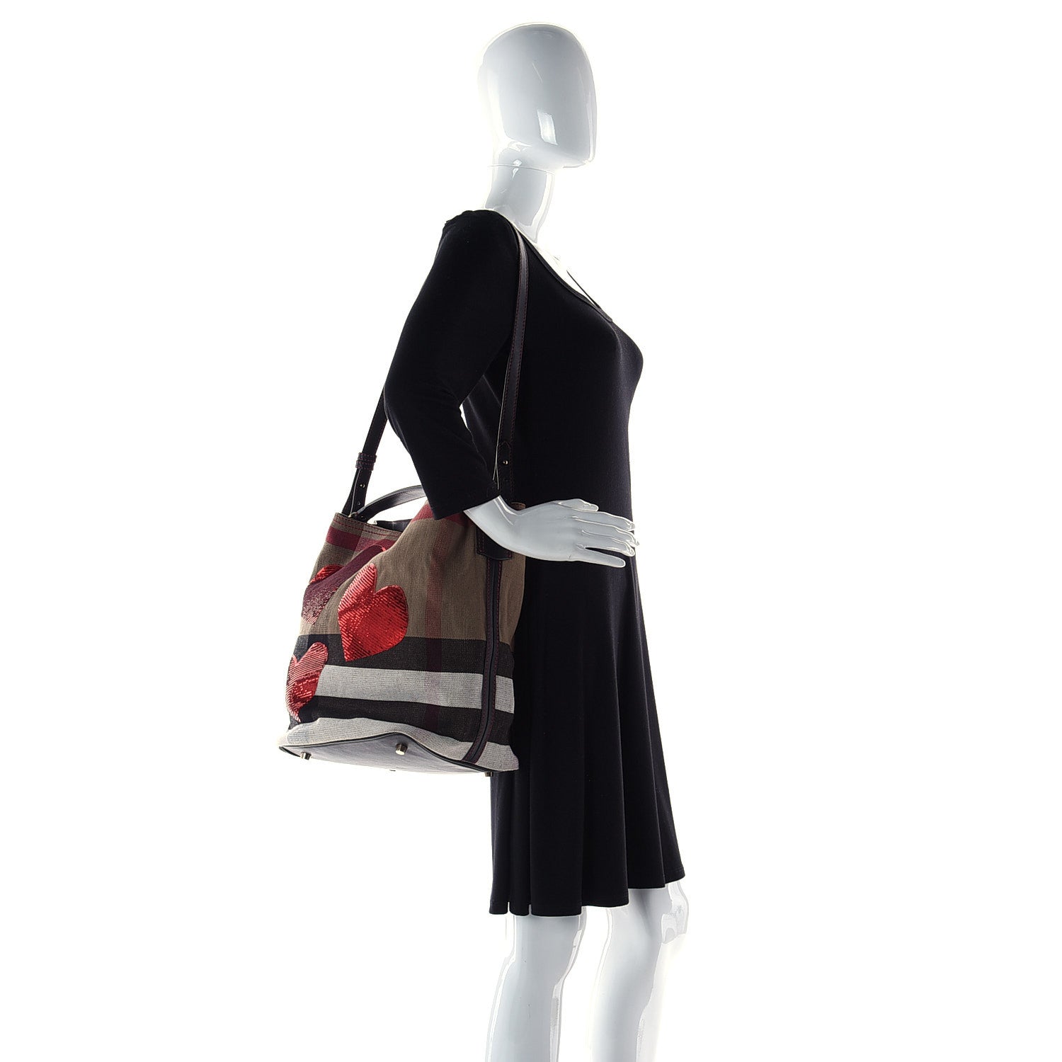 Burberry Canvas Mega Check Sequin Heart Medium Ashby Hobo Black 4 of 13