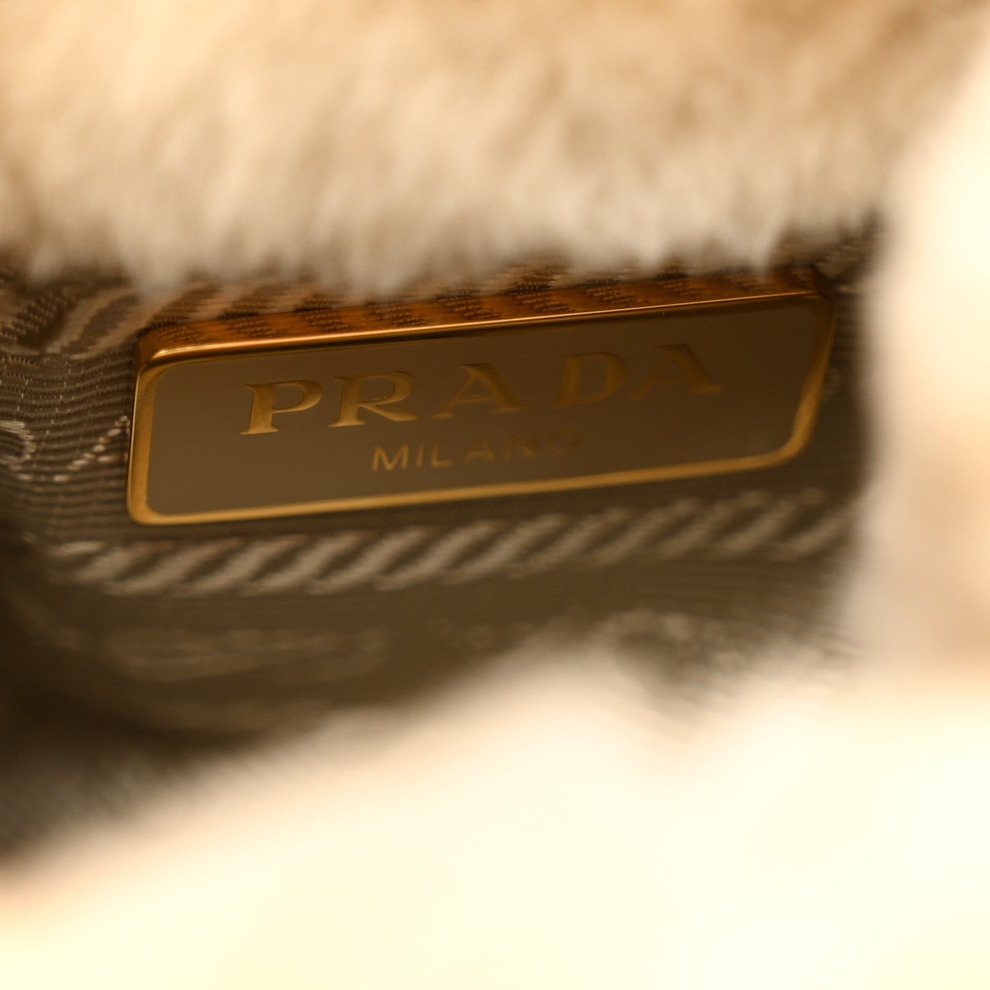 Shearling Metal Triangle Logo Mini Drawcord Pouch Shoulder Bag Ecru