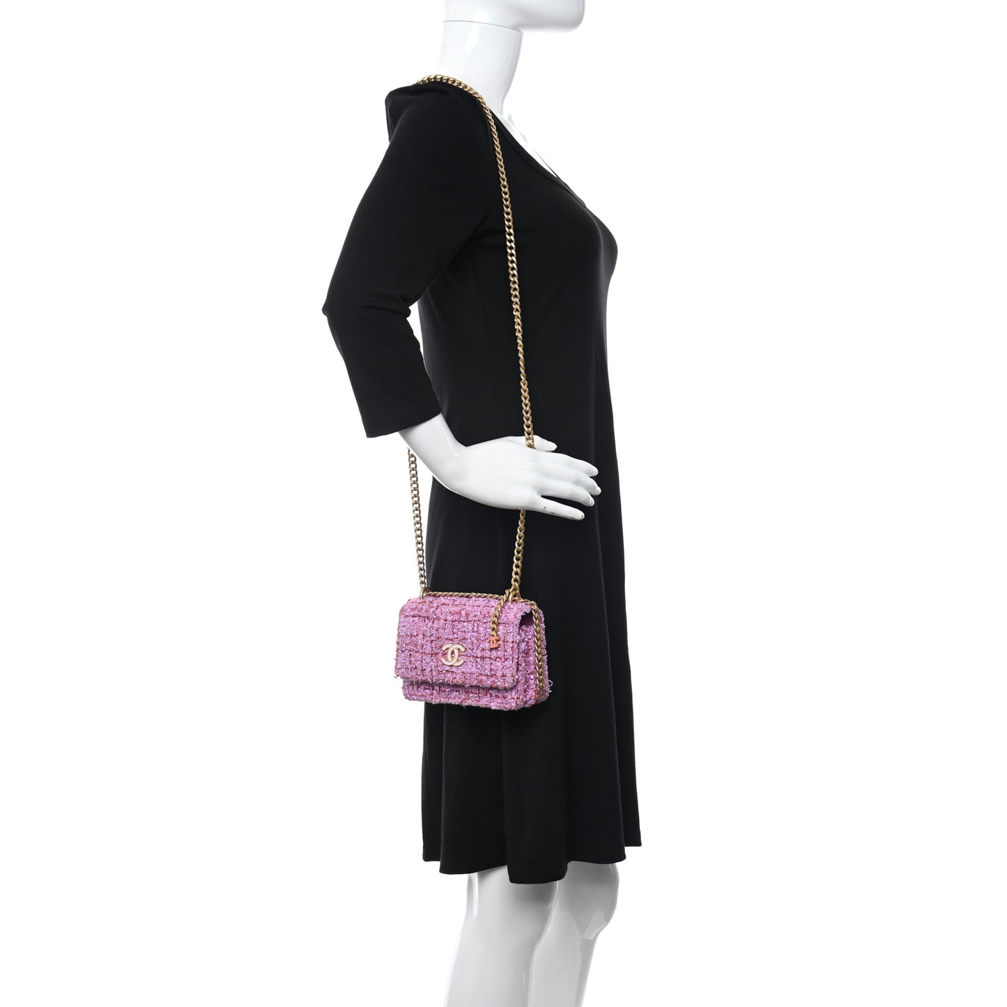 Tweed Enamel Quilted Pending CC Mini Wallet On Chain WOC Pink Purple