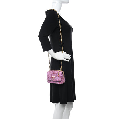 Chanel Tweed Enamel Quilted Pending CC Mini Wallet On Chain WOC Pink Purple 2 of 12