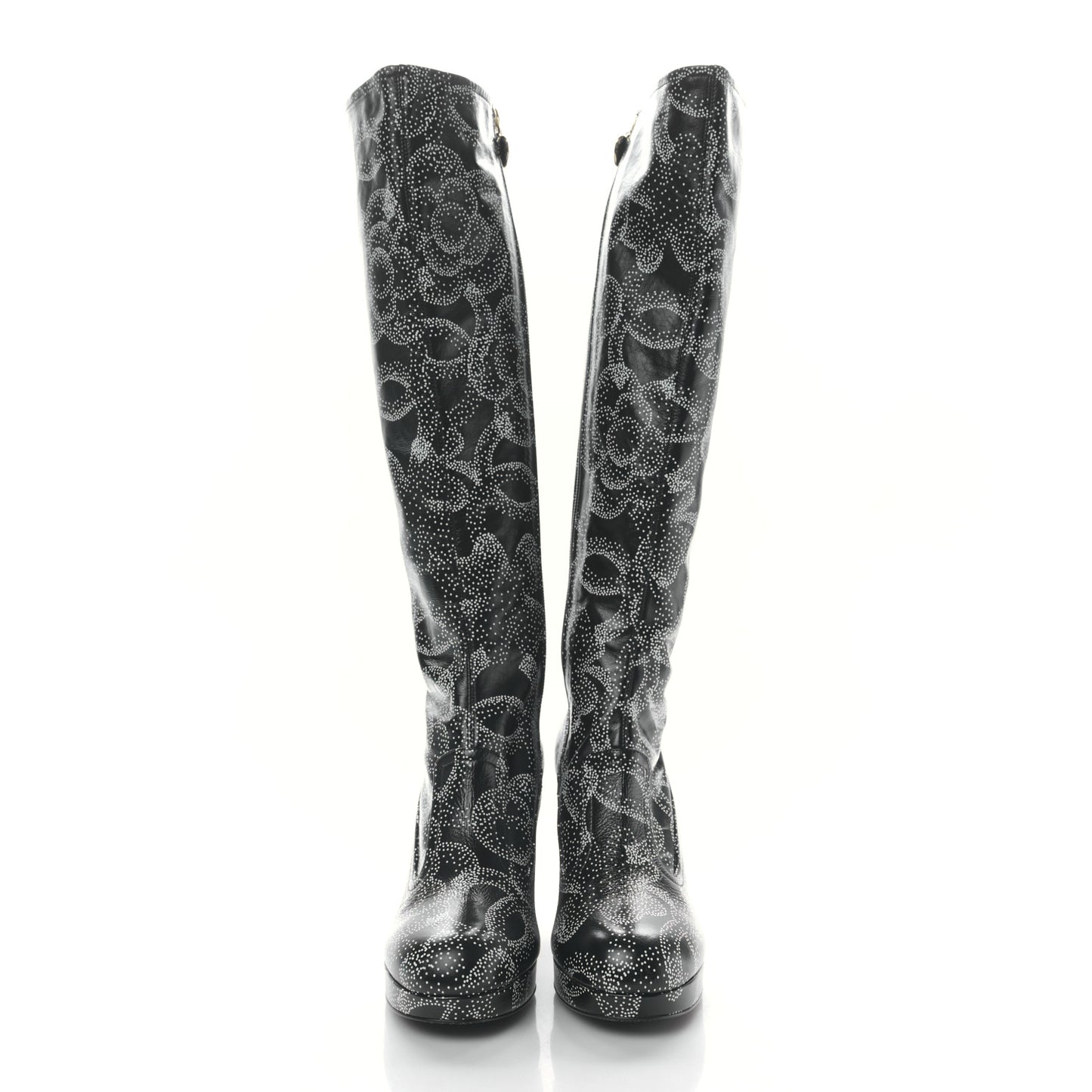 Calfskin Camellia Printed High Boots 40 Black White