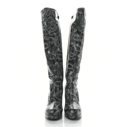 Chanel Calfskin Camellia Printed High Boots 40 Black White 2 of 8