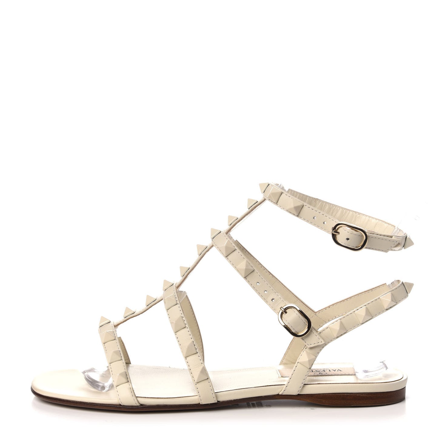 Calfskin Lacquered Monochrome Rockstud Gladiator Flat Sandals 36 Ivory