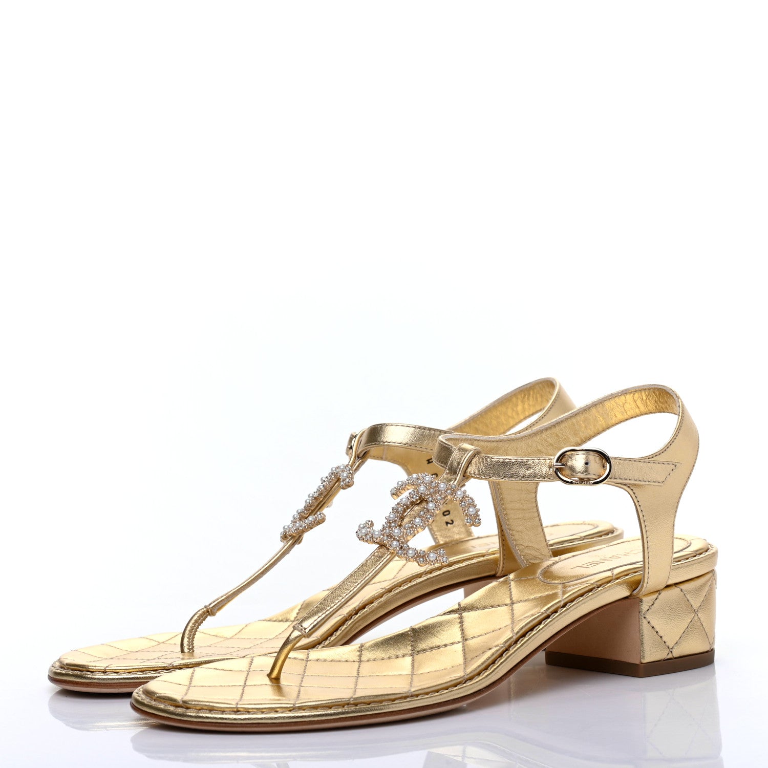 Chanel Laminated Lambskin Quilted CC Pearl Thong Sandals 39 Gold 3 of 10