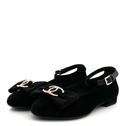 Chanel Velvet Strass CC Bow Mary Jane Flats 37.5 Black 4 of 11