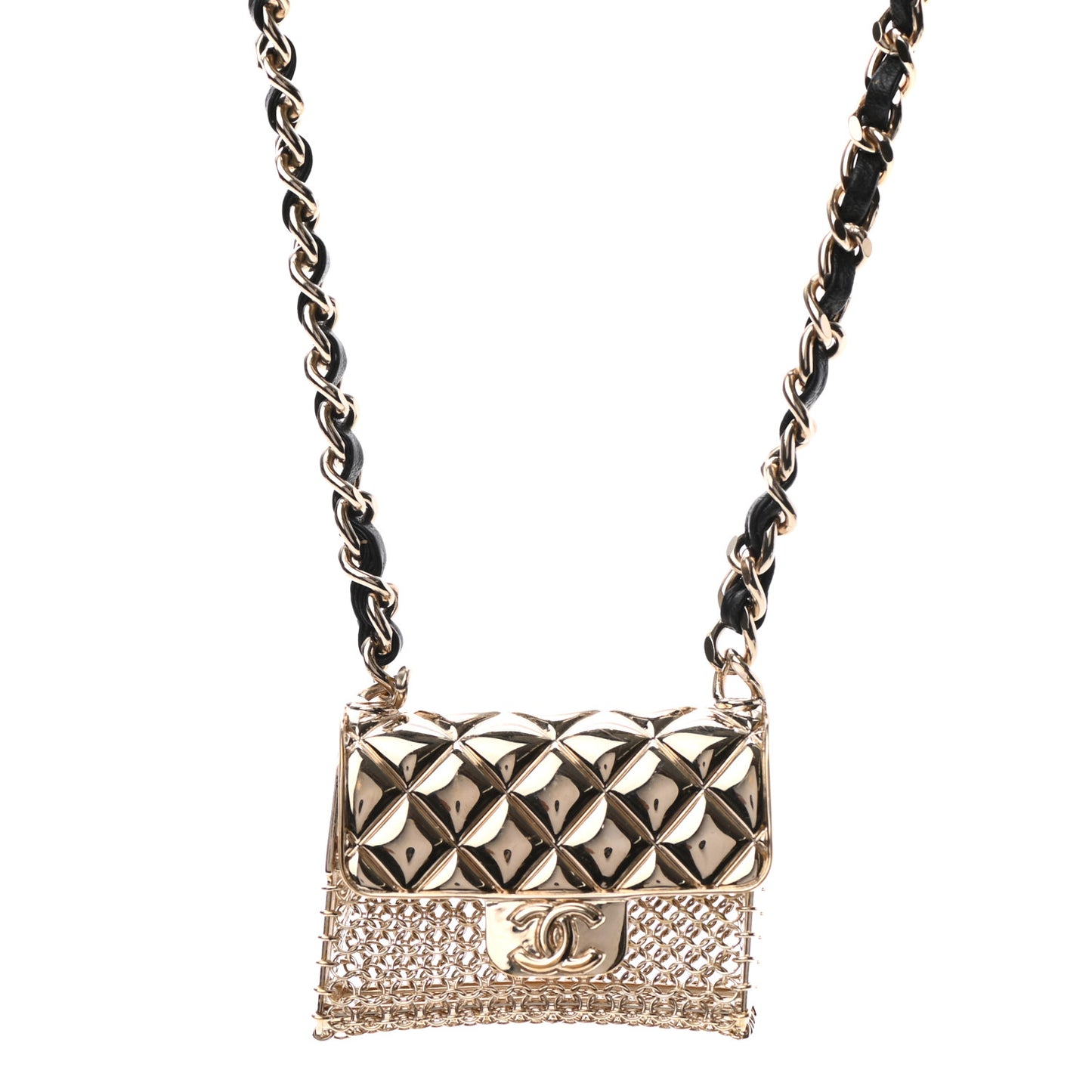 Metal Lambskin Chain Micro Bag Necklace Gold Black