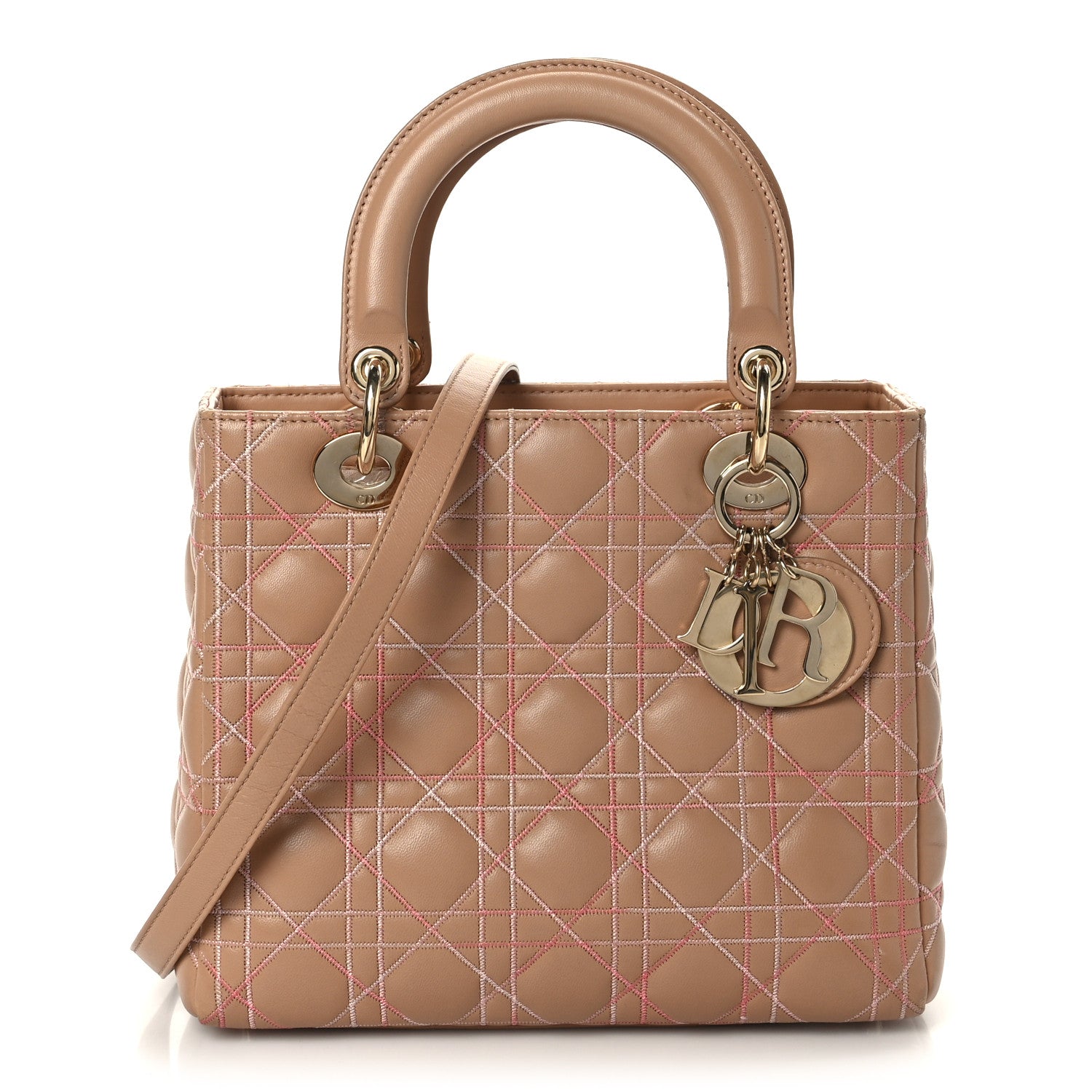 Christian Dior Lambskin Cannage Contrast Stitch Medium Lady Dior Beige 1 of 8