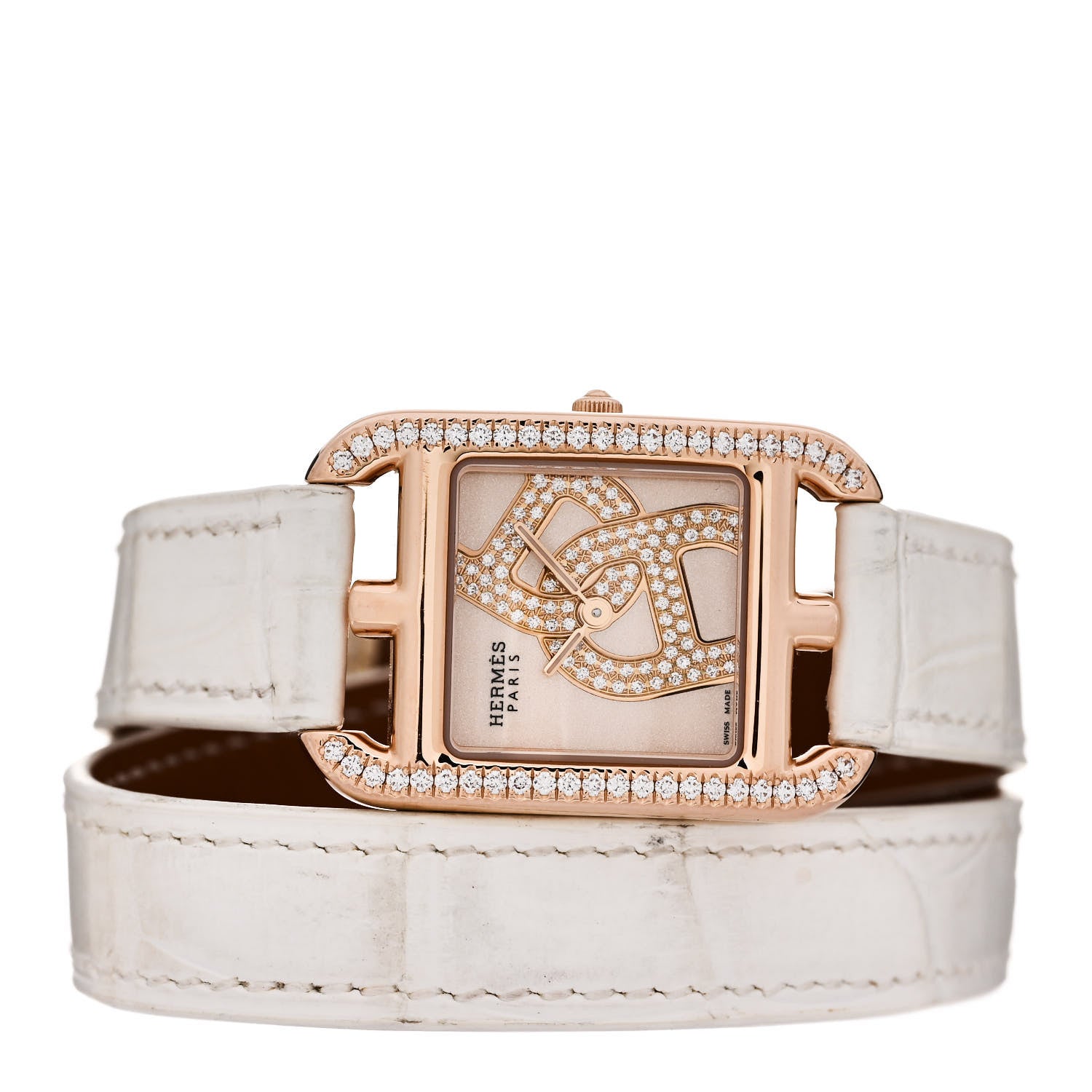 Hermes 18K Rose Gold Alligator Diamond Bezel 23mm Cape Cod Chaine d'Ancre Joaillier Double Tour Quartz Watch Blanc 2 of 5
