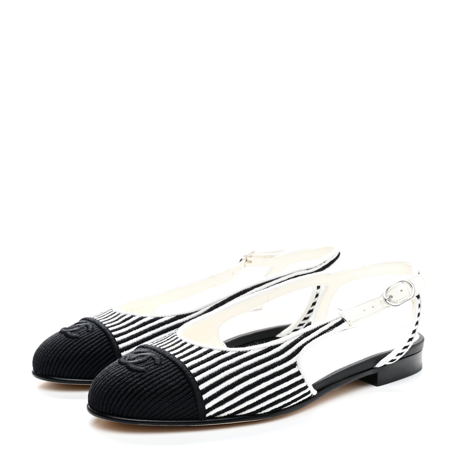 Chanel Fabric Grosgrain Cap Toe CC Slingback Flats 37.5 White Black 3 of 11
