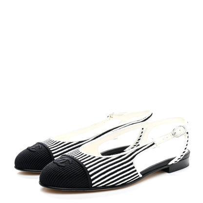 Chanel Fabric Grosgrain Cap Toe CC Slingback Flats 37.5 White Black 3 of 11