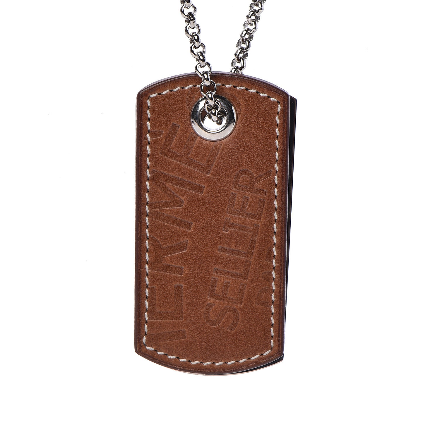 Palladium Natural Barenia Dog Tag Long Necklace Fauve