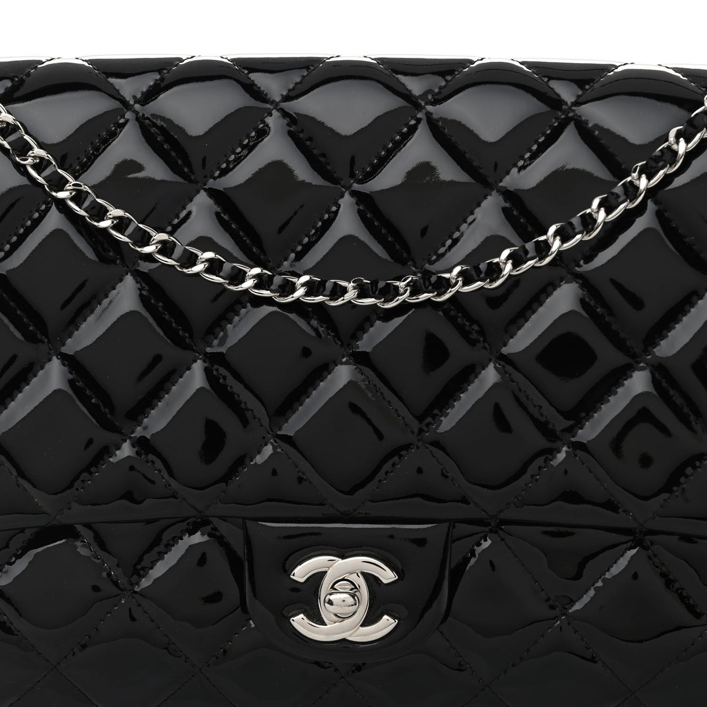 Patent Quilted Clutch with Chain Flap Black