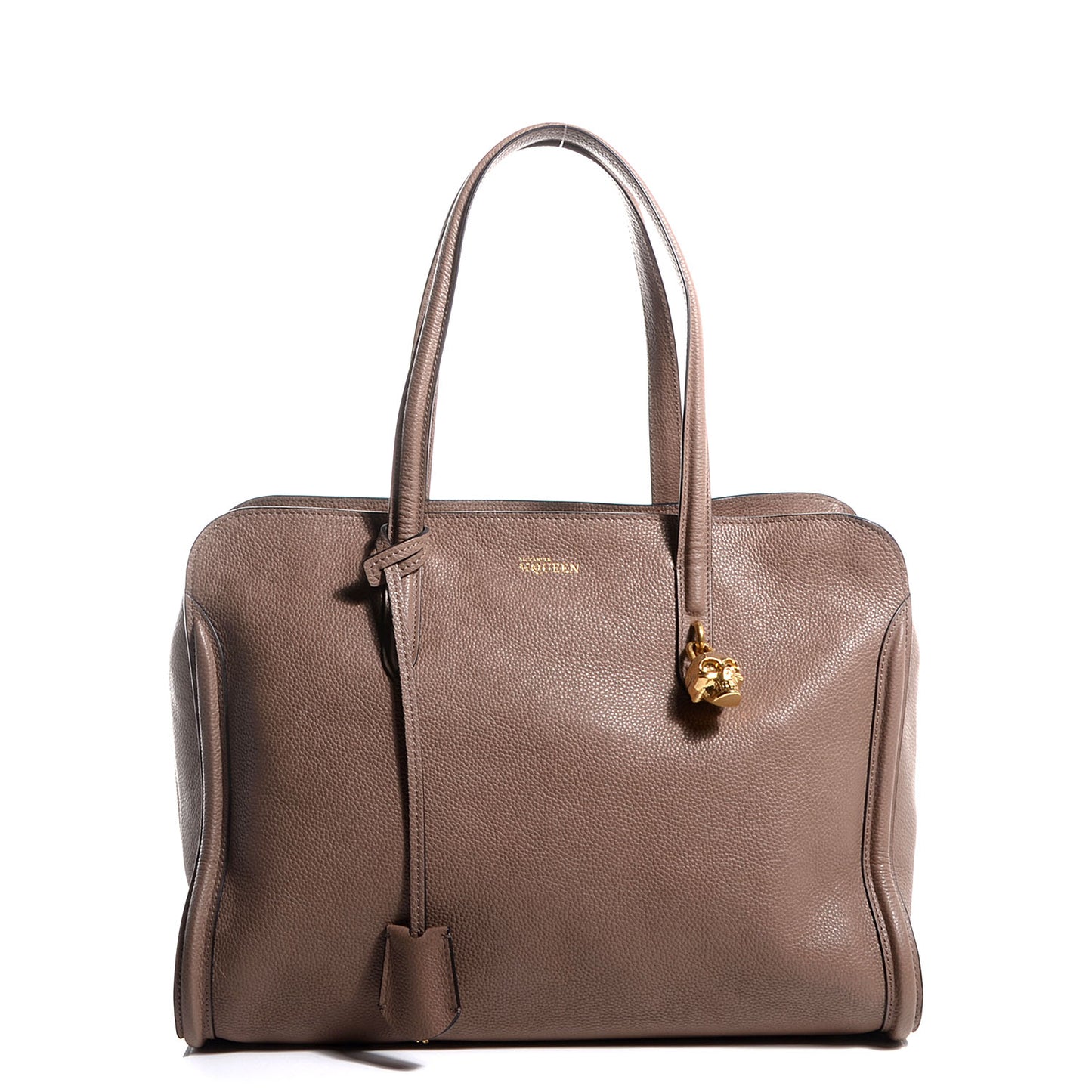 Pebbled Calfskin Skull Padlock Tote Taupe
