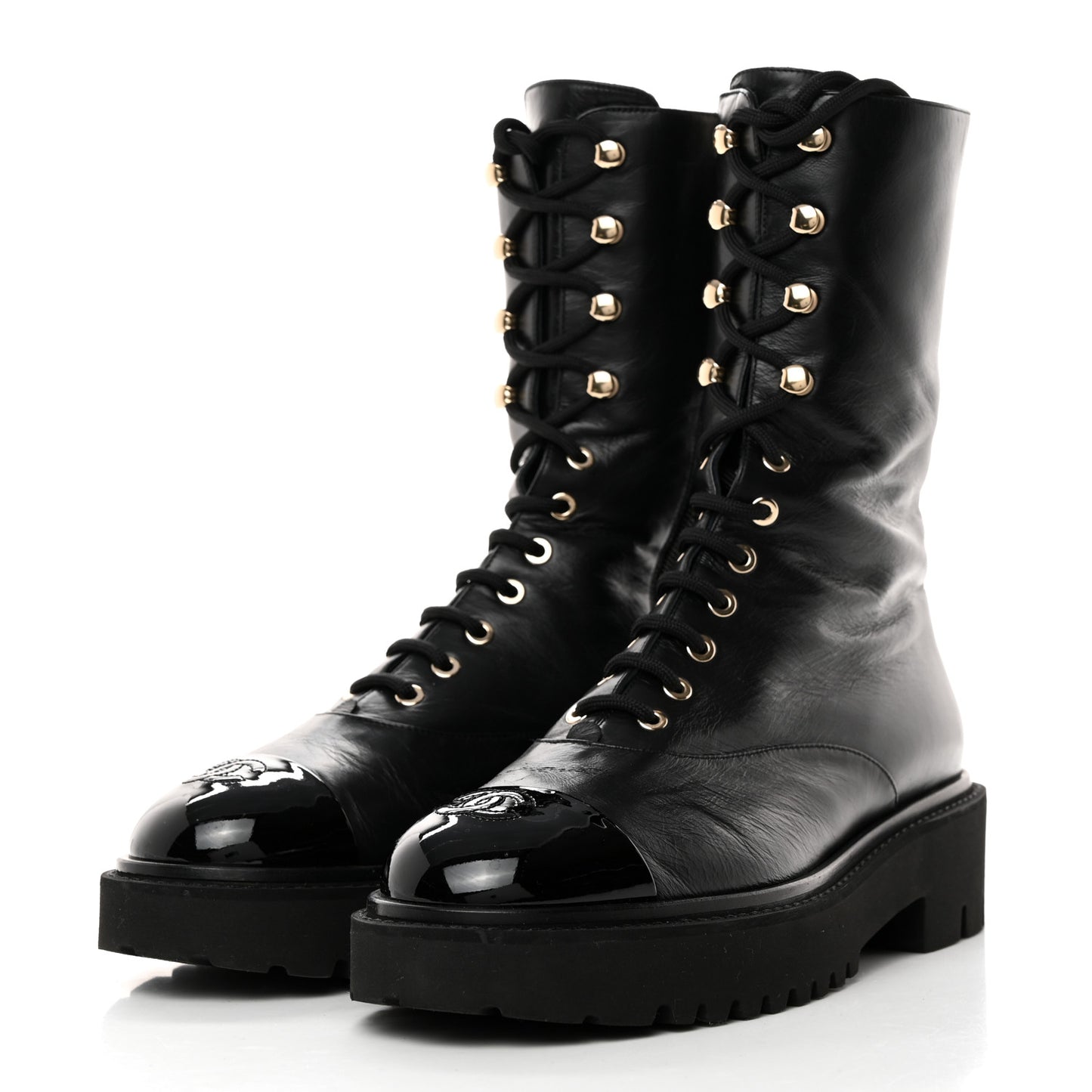 Crumpled Calfskin Patent Cap Toe Lace Up Combat Boots 41.5 Black