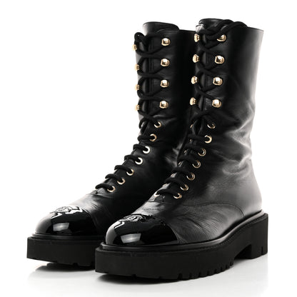 Chanel Crumpled Calfskin Patent Cap Toe Lace Up Combat Boots 41.5 Black 3 of 8