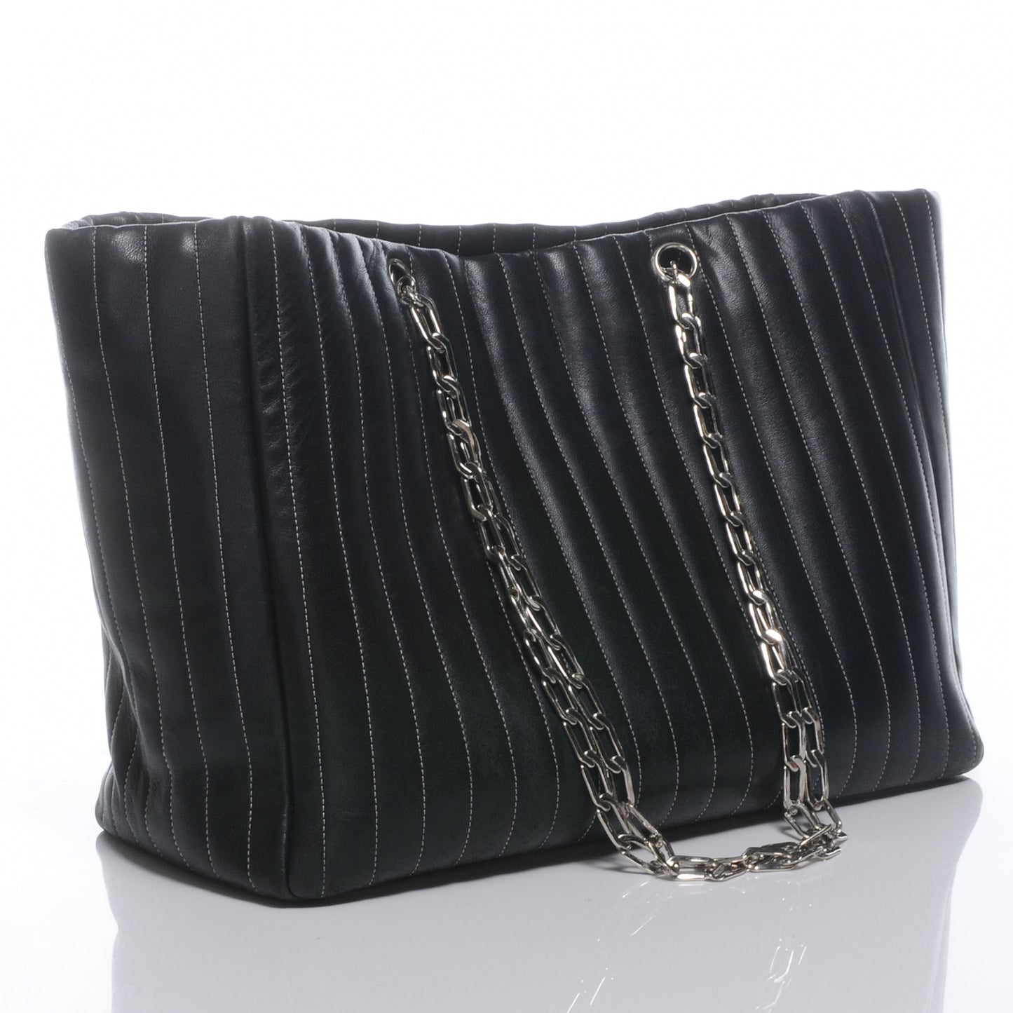 Lambskin Vertical Quilted Large Mademoiselle Tote Black