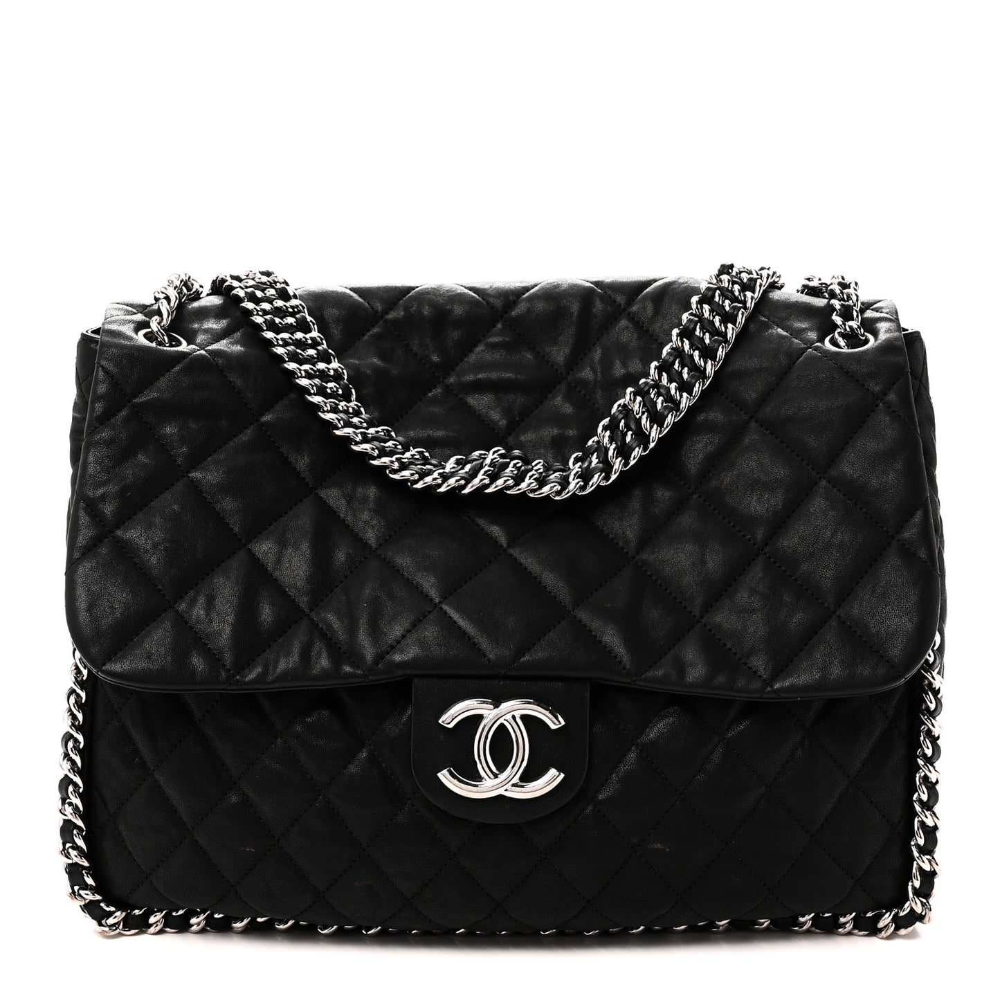 Washed Lambskin Quilted Maxi Chain Around Flap Black Black