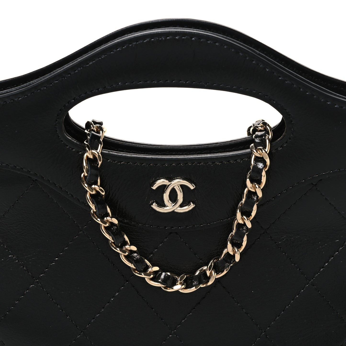 Shiny Crumpled Calfskin Quilted Nano 31 Shopping Bag Black