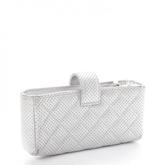 Perforated Lambskin Quilted Mini Phone Holder Clutch Silver