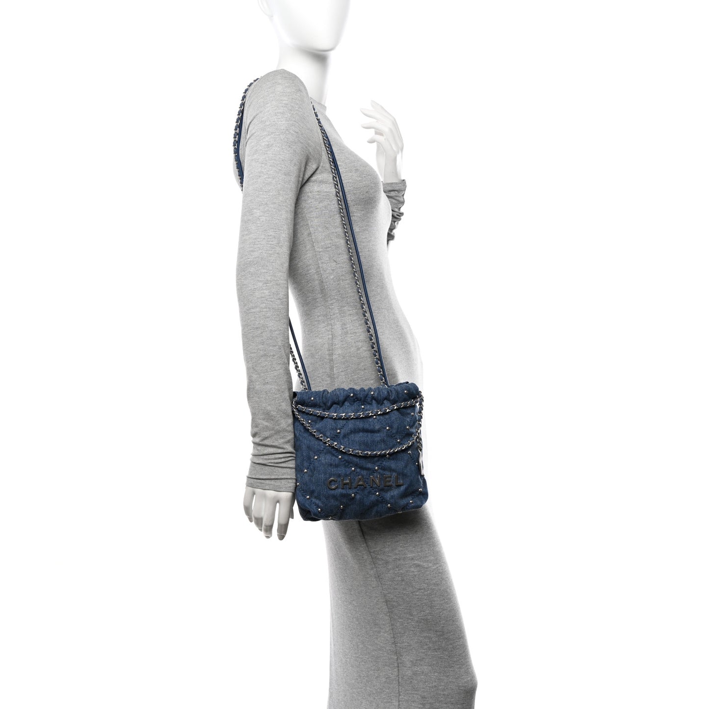 Washed Denim Quilted Studded Mini Chanel 22 Blue