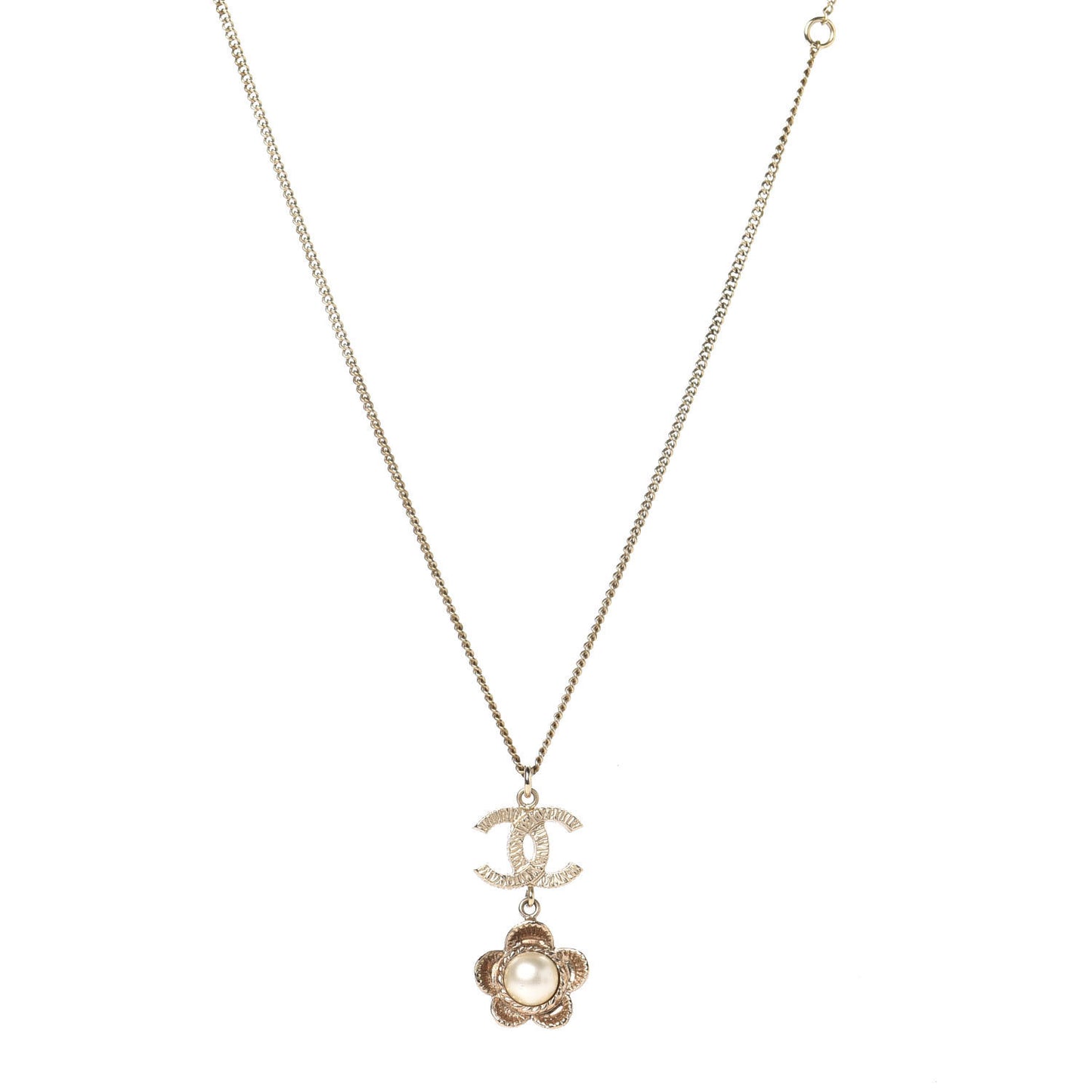 Pearl CC Camellia Pendant Necklace Gold